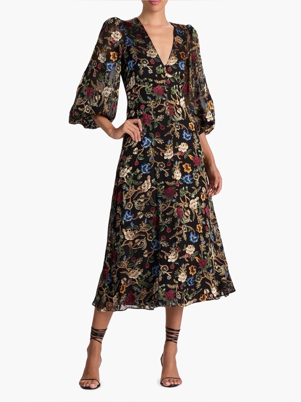 ALICE + OLIVIA Mona Floral Tapestry Blouson Midi-Dress